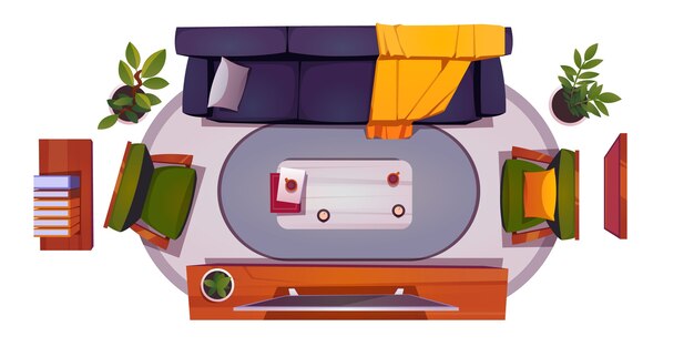 Vue de dessus de l'intérieur du salon avec canapé, chaise et écran de télévision. Ensemble de dessin animé de vecteur de meubles pour salon avec canapé,
