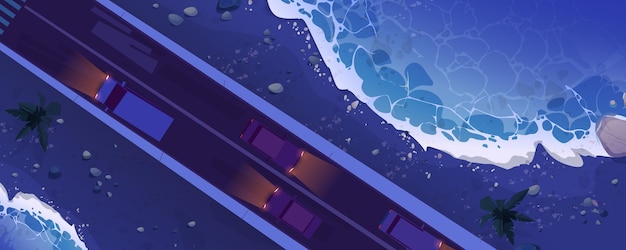 Vue de dessus de l'isthme de la mer avec la route de la voiture la nuit Illustration vectorielle de dessin animé de la vue aérienne du paysage tropical du pont terrestre avec des palmiers de plage de sable et de l'autoroute asphaltée avec véhicule