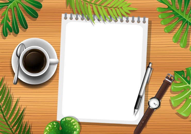 Vecteur gratuit vue de dessus de la table en bois avec du papier vierge et des objets de bureau et élément de feuilles