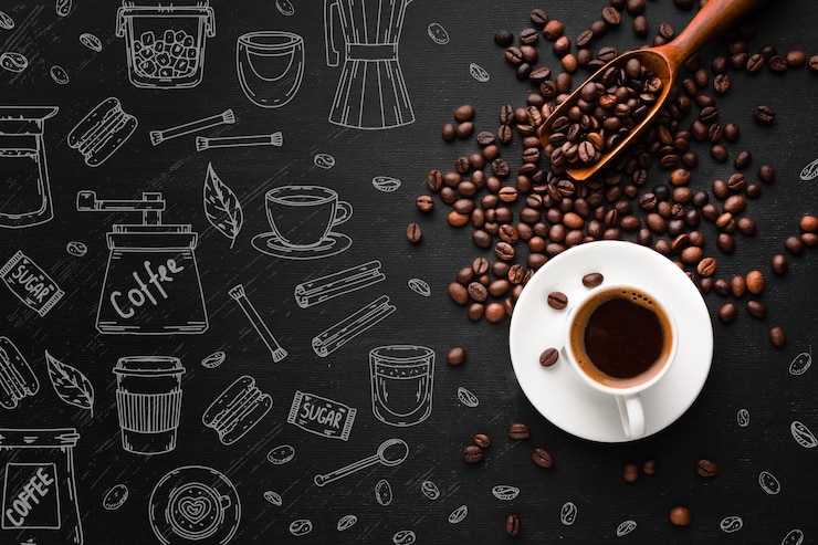 Vecteur gratuit vue de dessus tasse de café avec des grains torréfiés