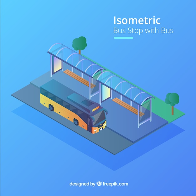 Vue isométrique de l&#39;arrêt de bus et de bus avec un design plat