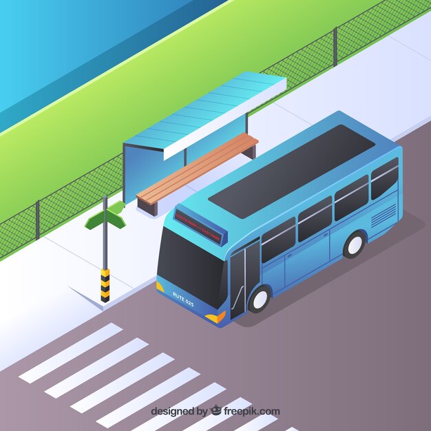 Vue isométrique de l'arrêt de bus et de bus avec un design plat