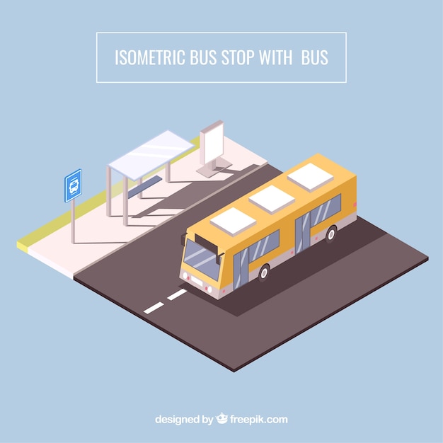 Vue isométrique de l'arrêt de bus et de bus avec un design plat