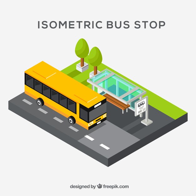 Vue isométrique de l&#39;arrêt de bus et de bus avec un design plat
