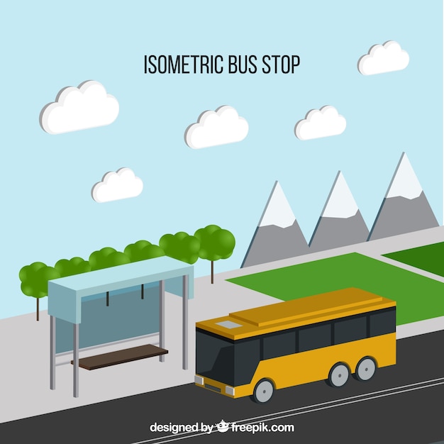 Vecteur gratuit vue isométrique de l'arrêt de bus et de bus