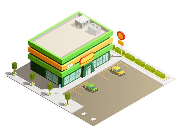 Vecteur gratuit vue isométrique du bâtiment du magasin de supermarché