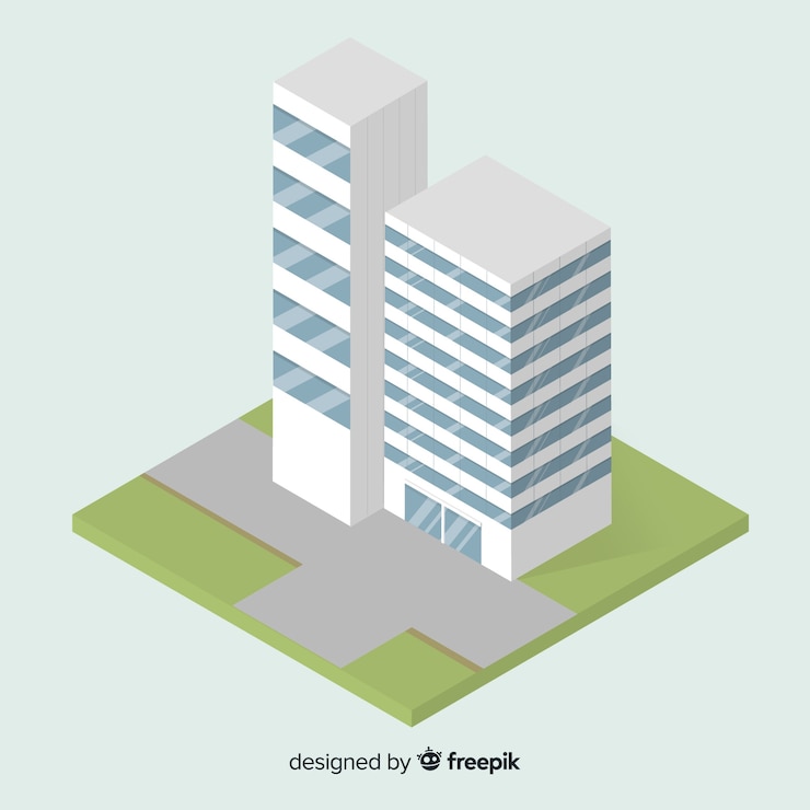 Vecteur gratuit vue isométrique d&#39;un immeuble de bureaux moderne