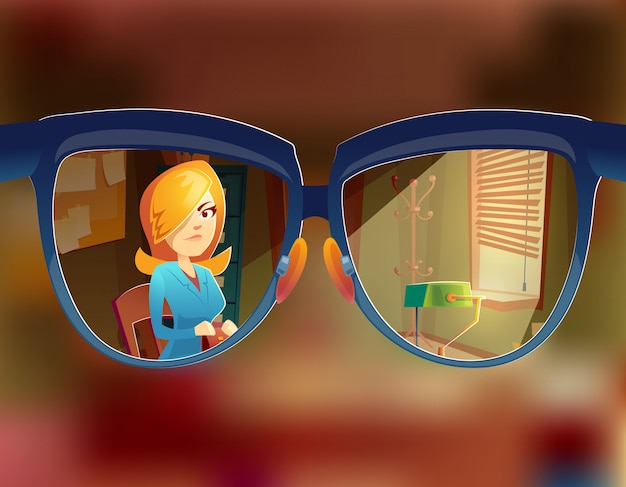 Vue Des Lunettes Chez Une Cliente. Myopie, Concept De Myopie