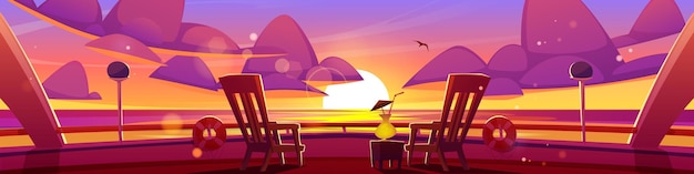 Vecteur gratuit vue sur la mer au coucher du soleil depuis le fond de dessin animé de vecteur de pont de bateau de croisière balustrade de yacht avec chaise et cocktail sur la terrasse dans l'océan d'été sous le ciel du soir violet et orange remblai de luxe pour se détendre