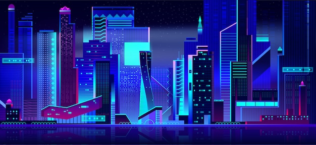 Vecteur gratuit vue panoramique du paysage urbain futuriste pendant la nuit.