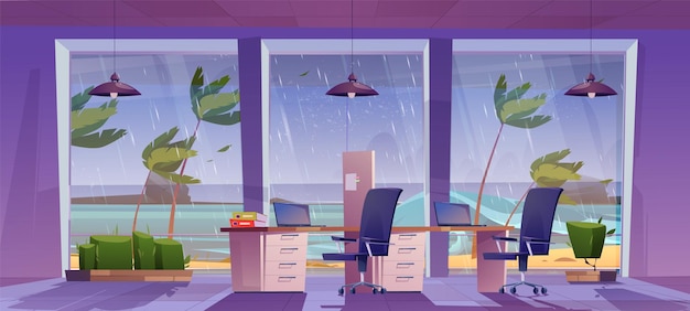 Vecteur gratuit vue de la pluie et des vagues de tempête de mer depuis l'arrière-plan vectoriel de la salle de bureau design d'intérieur d'espace ouvert vide dessiné avec ordinateur portable de bureau et meubles à lampe météo tropicale pluvieuse à l'extérieur espace de travail ouvert