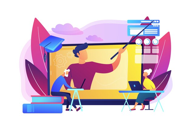 Webinaire, cours Internet. Tuteur universitaire à distance, éducateur. Apprentissage en ligne pour les personnes âgées, cours en ligne pour les personnes âgées, concept d'éducation supplémentaire.