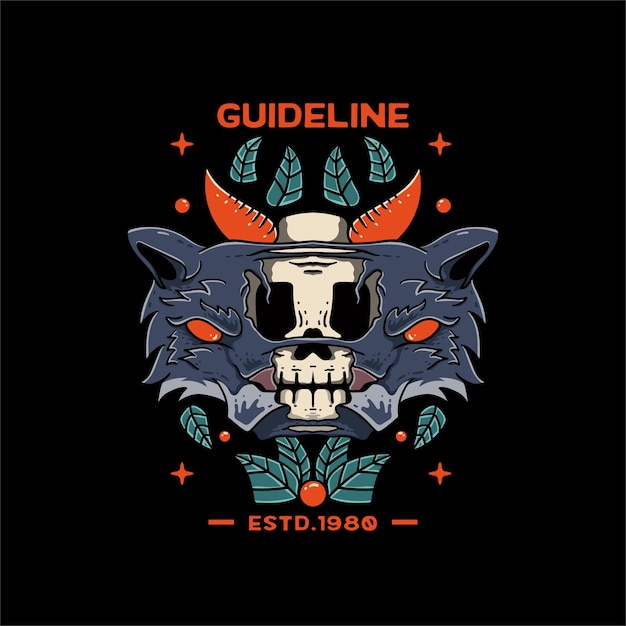 Vecteur gratuit wollf with skull orange illustration pour tshirt et tatouage