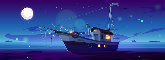 Vecteur gratuit yacht de dessin animé flottant dans la mer de nuit