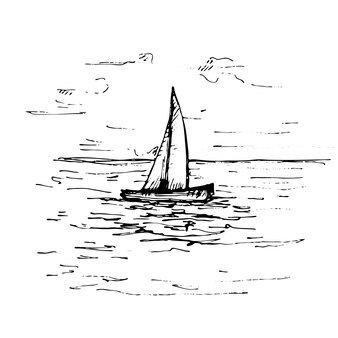Yacht flottant sur les vagues de la mer. illustration d'éclosion vintage de vecteur. isolé sur blanc