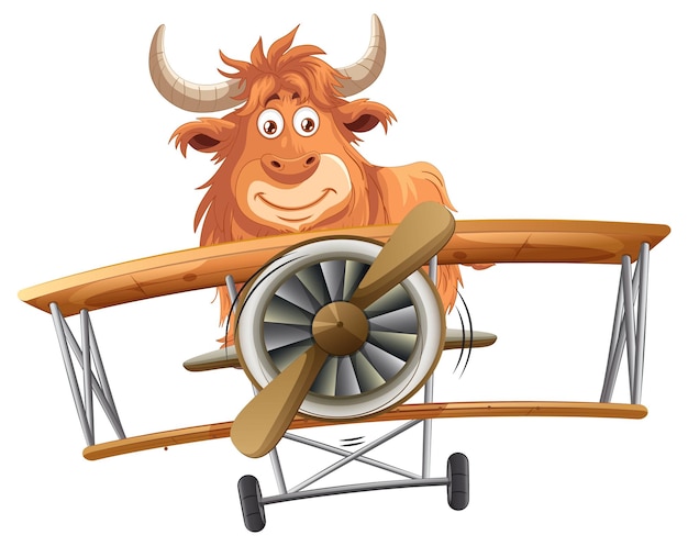 Vecteur gratuit un yak heureux volant dans un avion vintage