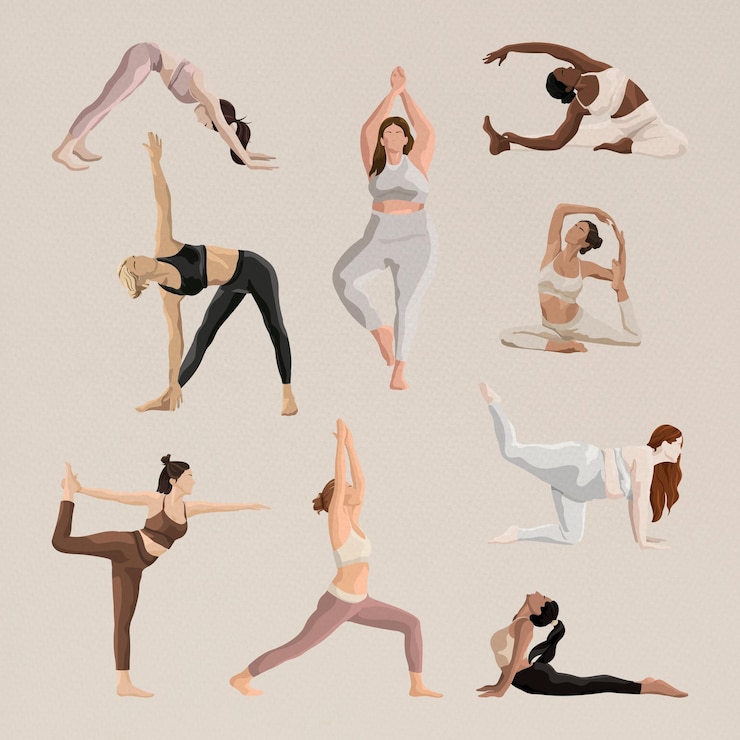 Vecteur gratuit le yoga esthétique pose le vecteur avec l'ensemble d'illustrations de santé et de corps