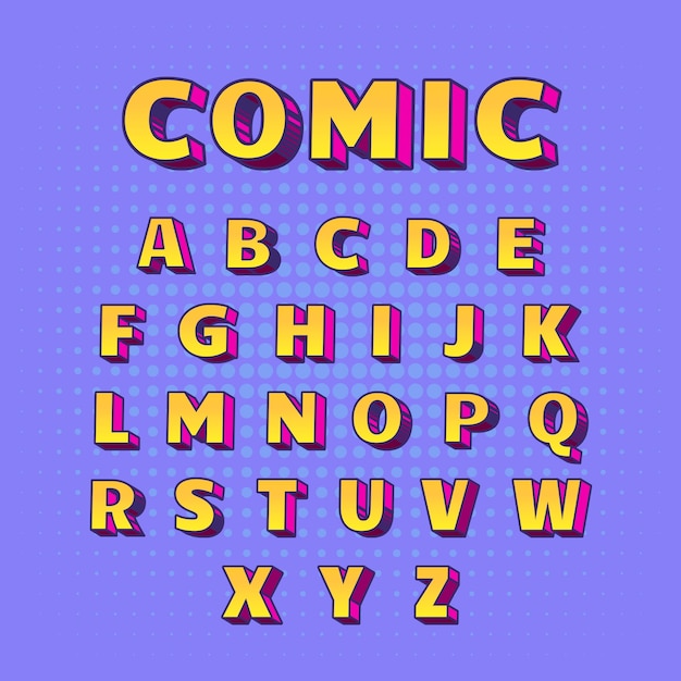 Vecteur gratuit de a à z 3d alphabet comique en jaune avec des ombres roses