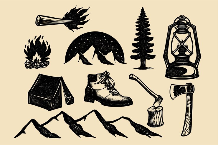 Vecteur 10 objets vintage de camp dessinés à la main