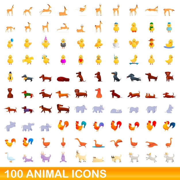 100 Icônes D'animaux Fixés. Bande Dessinée Illustration De 100 Icônes D'animaux Mis Isolé Sur Fond Blanc