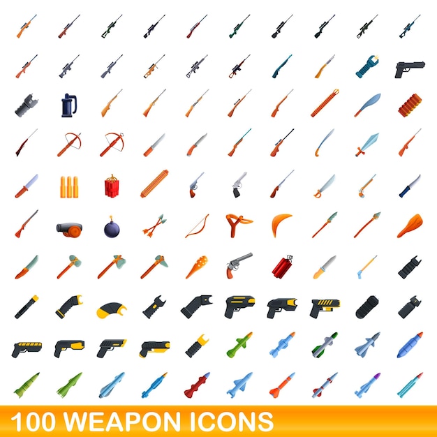 100 icônes d'armes définies. Bande dessinée illustration de 100 icônes d'armes définies isolées