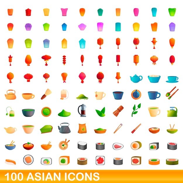 100 Icônes Asiatiques Définies. Bande Dessinée Illustration De 100 Icônes Asiatiques Isolées