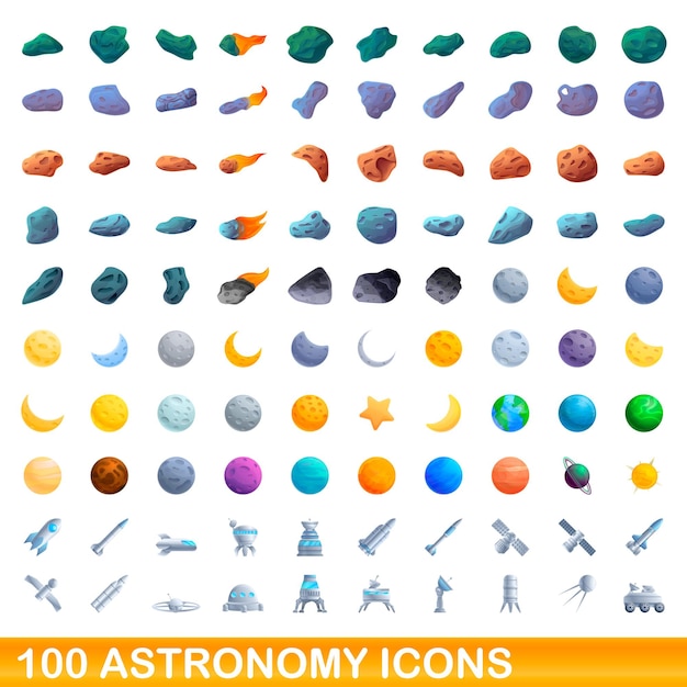 100 Icônes D'astronomie Définies. Bande Dessinée Illustration De 100 Icônes D'astronomie Mis Isolé