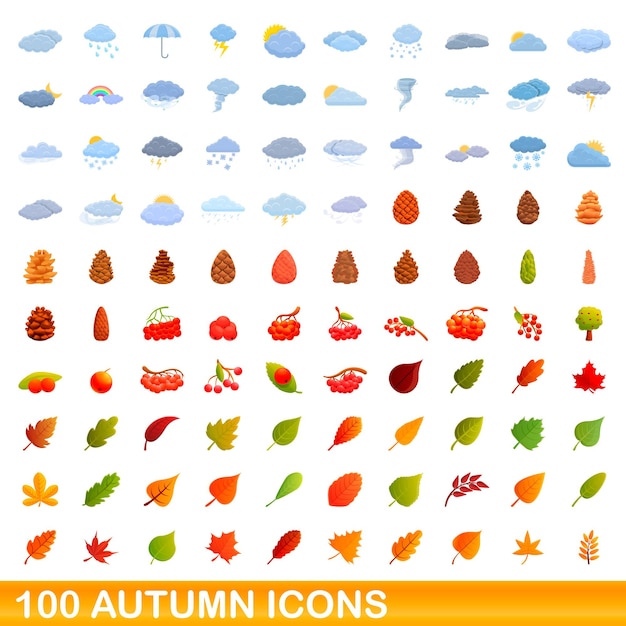 100 Icônes D'automne Définies. Bande Dessinée Illustration De 100 Icônes Vectorielles D'automne Ensemble Isolé Sur Fond Blanc