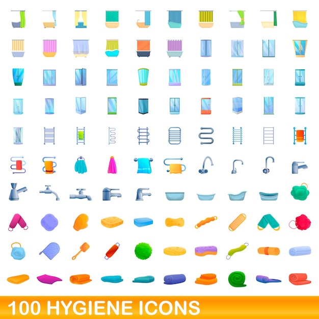 100 Icônes D'hygiène Définies. Bande Dessinée Illustration De 100 Icônes D'hygiène Mis Isolé