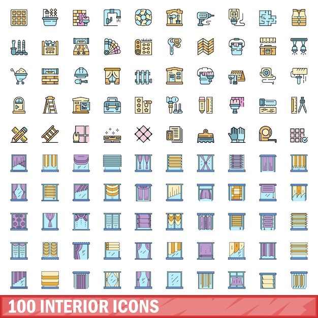 100 icônes intérieures définies Ensemble de lignes de couleur d'icônes vectorielles intérieures couleur de ligne mince à plat sur blanc