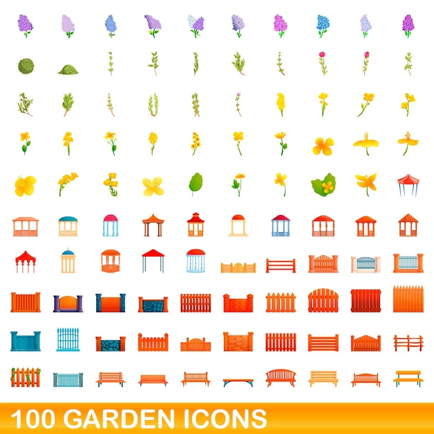 100 Icônes De Jardin Définies. Bande Dessinée Illustration De 100 Icônes De Jardin Ensemble De Vecteurs Isolé Sur Fond Blanc