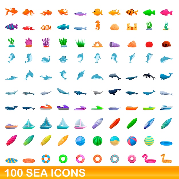 100 Icônes De Mer Définies, Style Cartoon