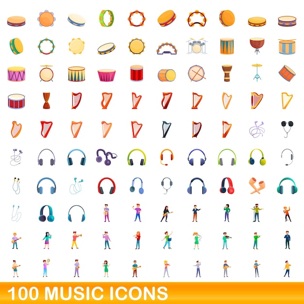 100 Icônes Musicales Définies. Bande Dessinée Illustration De 100 Icônes De Musique Mis Isolé