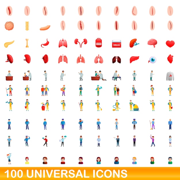 100 icônes universelles définies, style cartoon