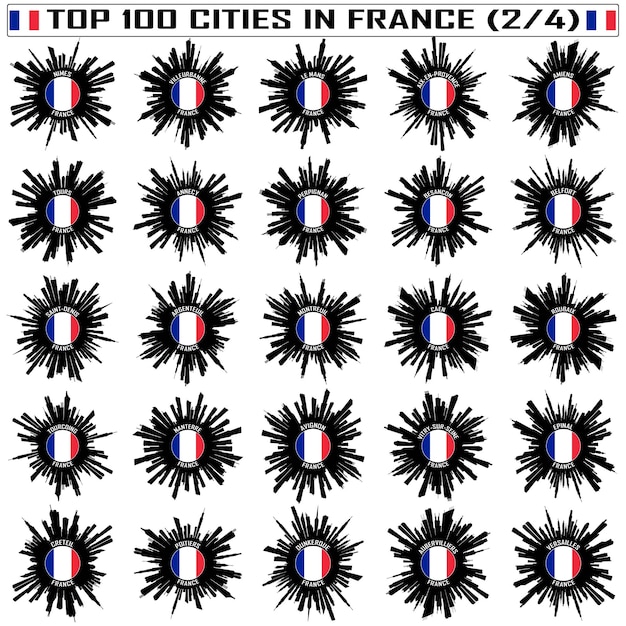 100 Meilleures Silhouettes D'horizon De La Ville En France étiquette De Drapeau Emblème Badge Souvenir De Voyage Partie 2