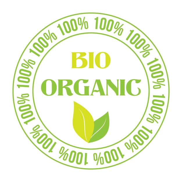 100 Pour Cent Signe De Vecteur Bio Biologique Insigne D'étiquette D'aliments Biologiques Végétariens Avec Feuille