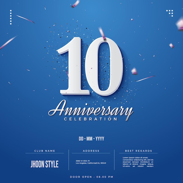 10e anniversaire avec des chiffres blancs sur fond bleu