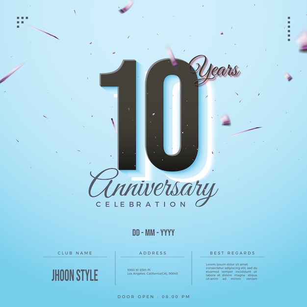 10e anniversaire avec des numéros éclaboussés de ruban