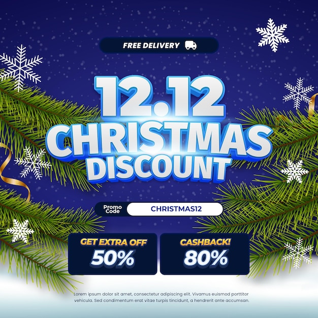 12 offres de réduction de vente de Noël Gradient bleu foncé dynamique Effet de texte modifiable Bannière de chute de neige