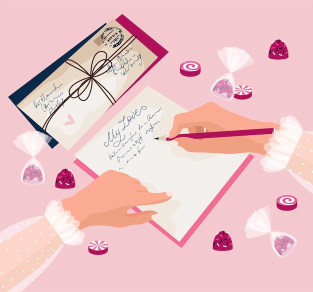 Le 14 février Saint Valentin La jeune fille écrit une lettre d'amour bonbons fond rose