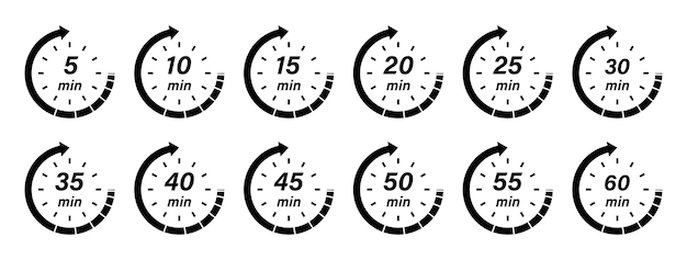 15 20 25 30 35 40 50 60 minutes horloges collection d'icônes d'horloges