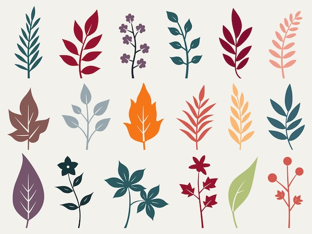 18 illustrations botaniques stylisées colorées dans une grille 3x6 Idéal pour les motifs d'arrière-plan
