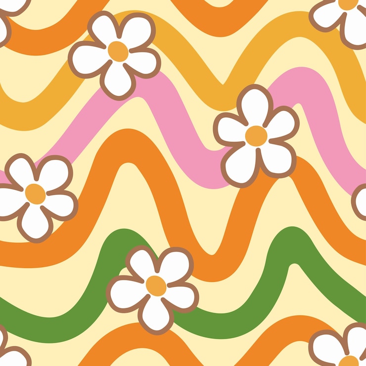 Vecteur 1970 daisy spring pattern sur fond de lignes ondulées arc-en-ciel rétro spring hippie aesthetic handdraw