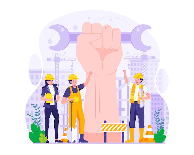 1er Mai Travailleurs De La Construction De La Fête Du Travail Avec Une Statue Géante De Poing De Bras Levé Illustration