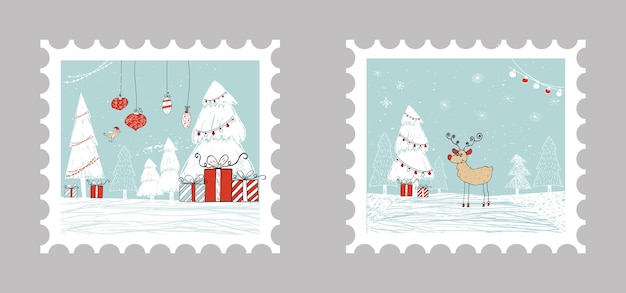 2 Cartes-cadeaux De Noël Avec Cadeaux, Sapin De Noël Et Neige. Modèle Modifiable Facile. Jolie Illustration Pour Carte, Affiche, T-shirt, Bannière.