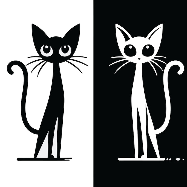 2 Chats Grands Yeux Icône Du Logo Illustration Artistique Du Logo En Noir Et Blanc Chat Intelligent Avec Logo De Marque De Queue