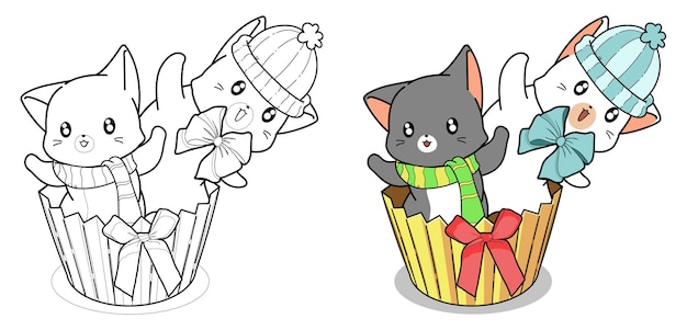 2 Chats Mignons Dans La Page De Coloriage De Dessin Animé De Cupcake