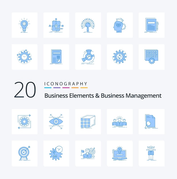 20 Business Elements And Business Management Blue Color icon Pack comme entrepreneur vision de carrière dimensionnelle de l'entreprise