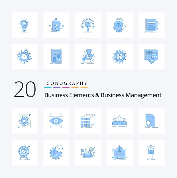 20 Business Elements And Business Management Blue Color Icon Pack Comme Entrepreneur Vision De Carrière Dimensionnelle De L'entreprise