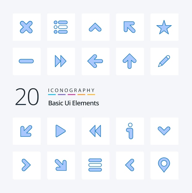 Vecteur 20 éléments de base de l'interface utilisateur couleur bleue pack d'icônes comme des informations de contrôle d'interface de flèches